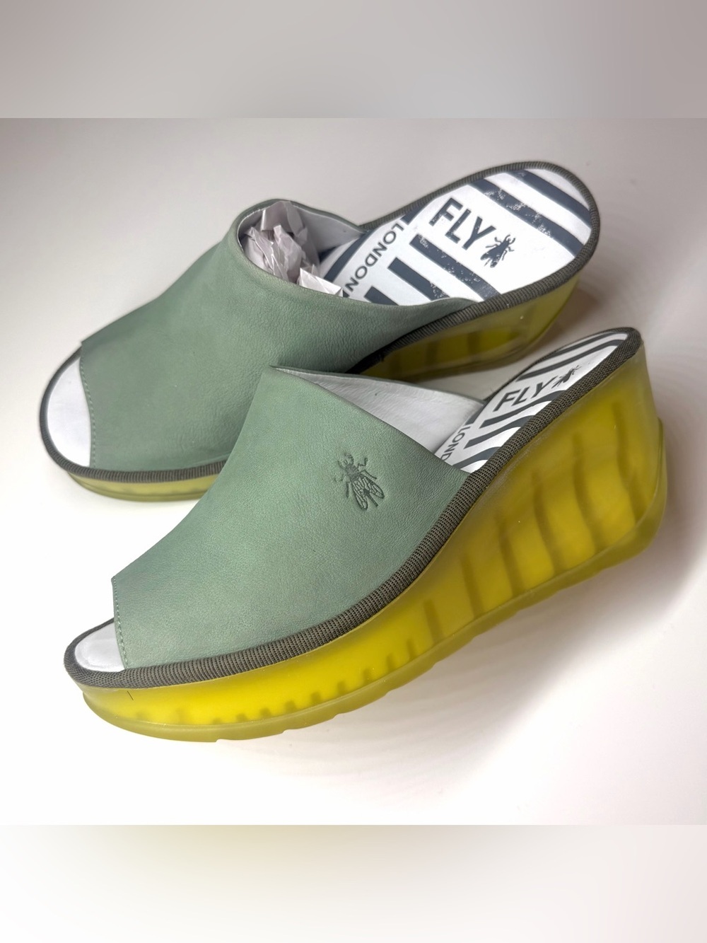 Fly London Mint Green Open-Toe Slides with Yellow Sole Size- 38